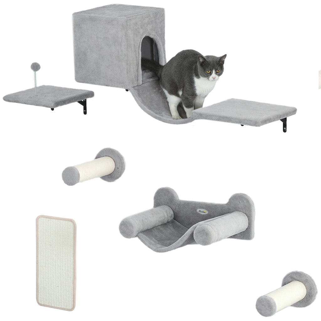 Pawhut 6-Piece Wall Cat Climbing Set with Condo Platform Hammock Ladders and Scratching Board