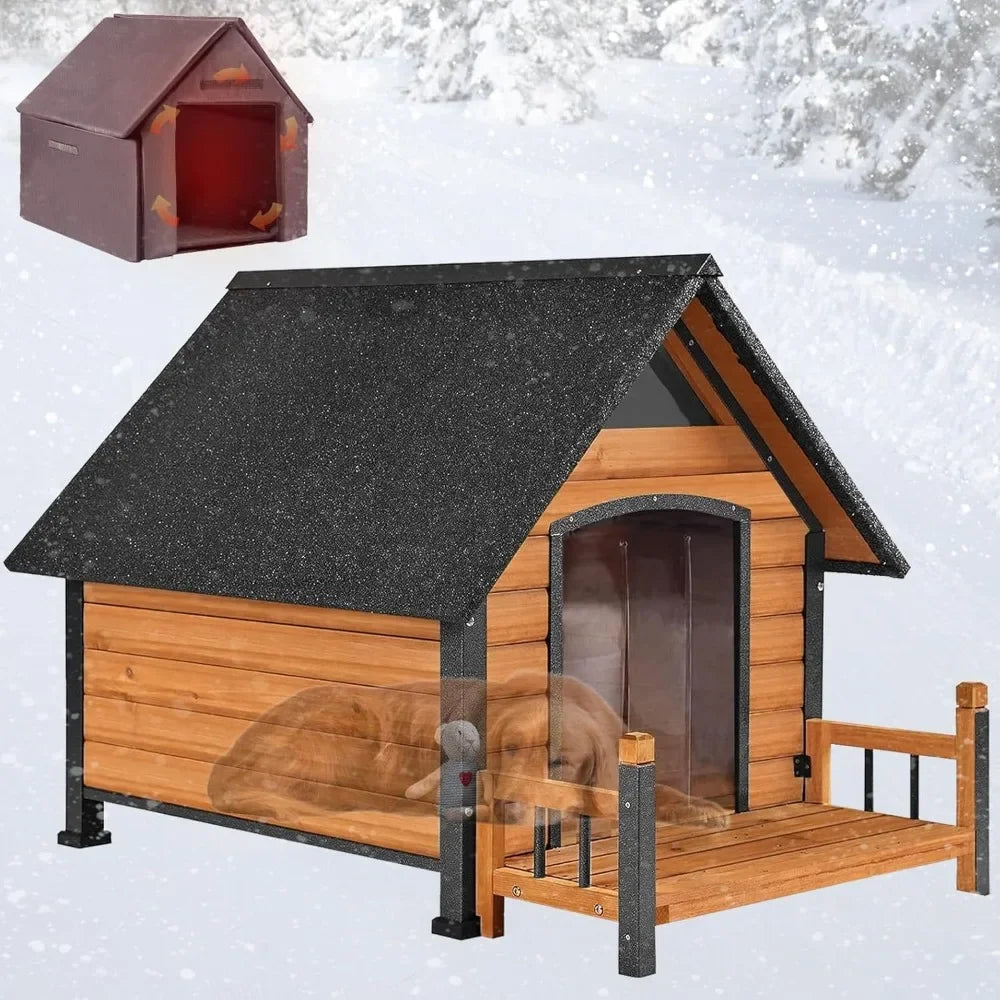 Dog House Outdoor, Insulated Kennel Outside for Large Breed, Weatherproof Shelter with Anti-Chewing Iron Frame
