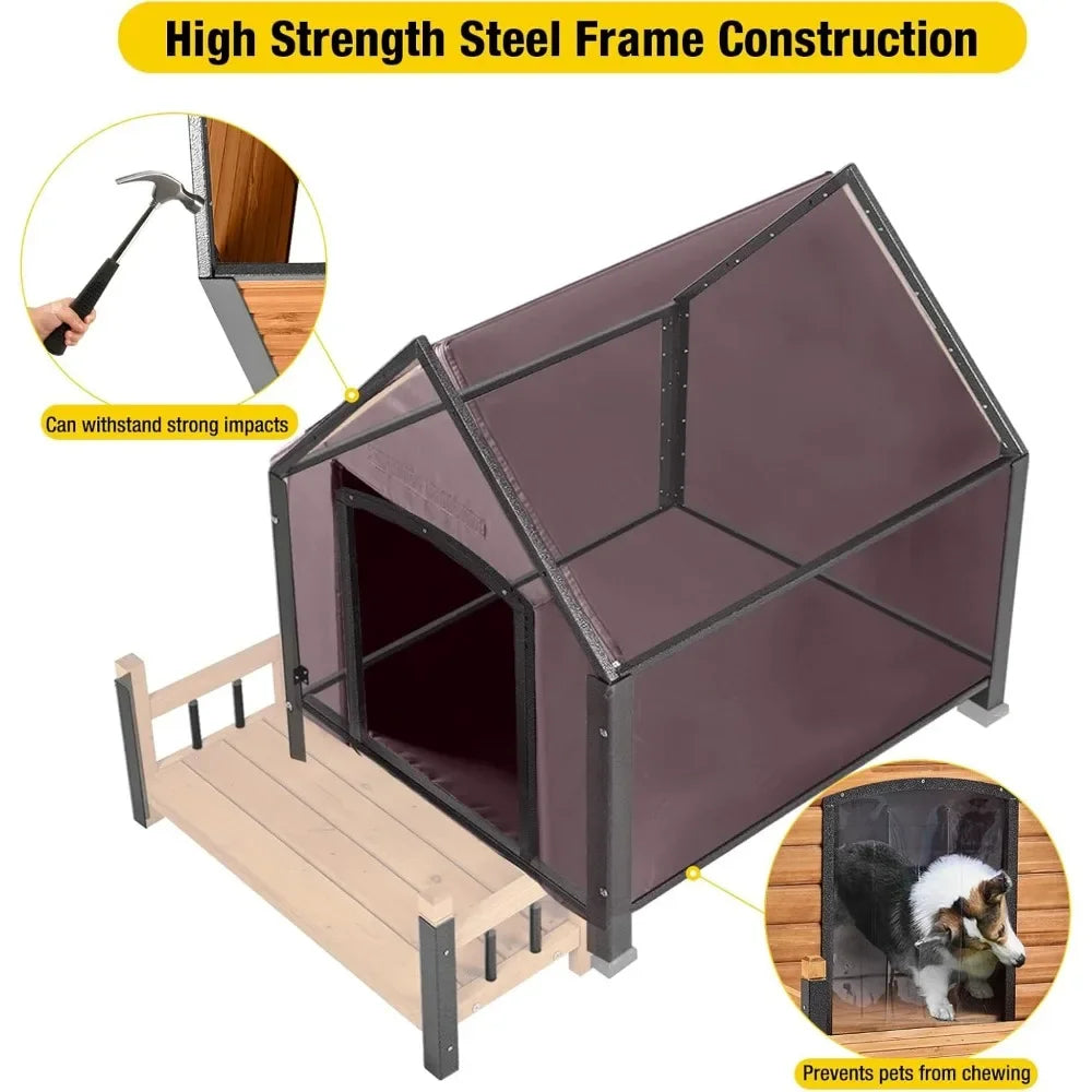 Dog House Outdoor, Insulated Kennel Outside for Large Breed, Weatherproof Shelter with Anti-Chewing Iron Frame