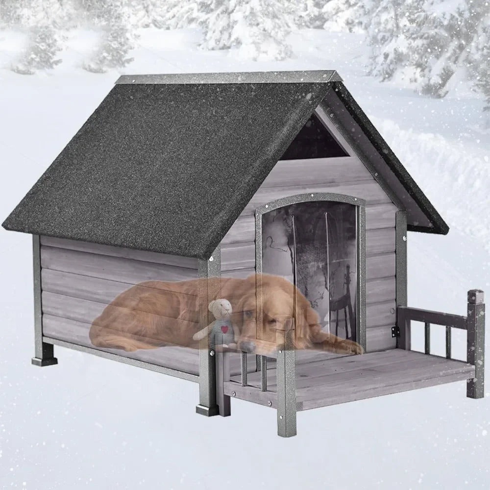 Dog House Outdoor, Insulated Kennel Outside for Large Breed, Weatherproof Shelter with Anti-Chewing Iron Frame