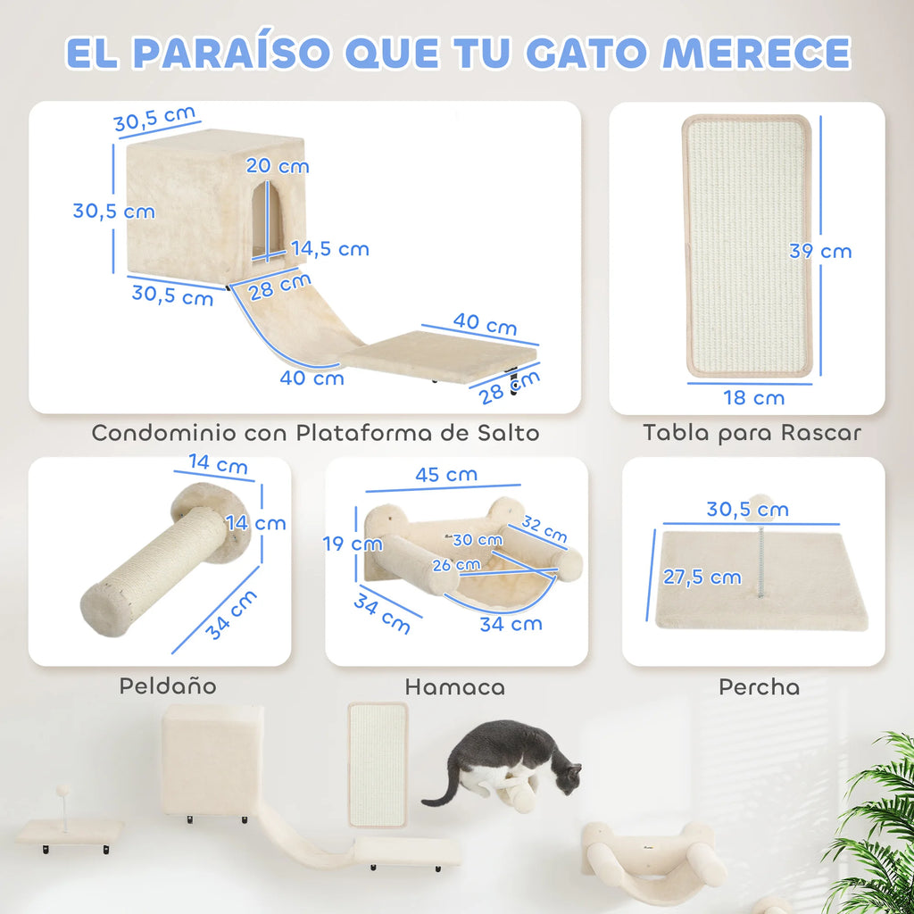 Pawhut 6-Piece Wall Cat Climbing Set with Condo Platform Hammock Ladders and Scratching Board