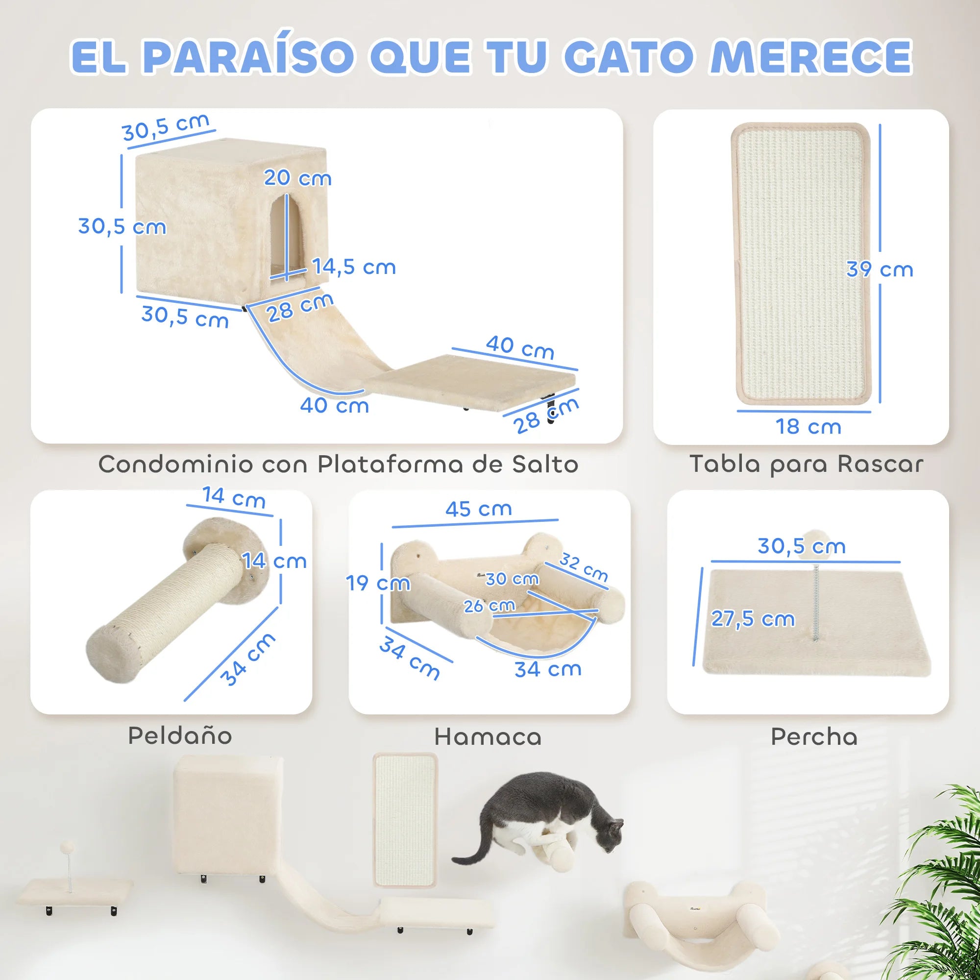 Pawhut 6-Piece Wall Cat Climbing Set with Condo Platform Hammock Ladders and Scratching Board