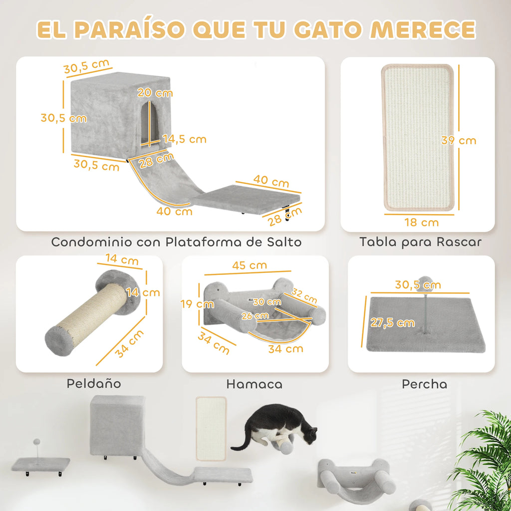 Pawhut 6-Piece Wall Cat Climbing Set with Condo Platform Hammock Ladders and Scratching Board