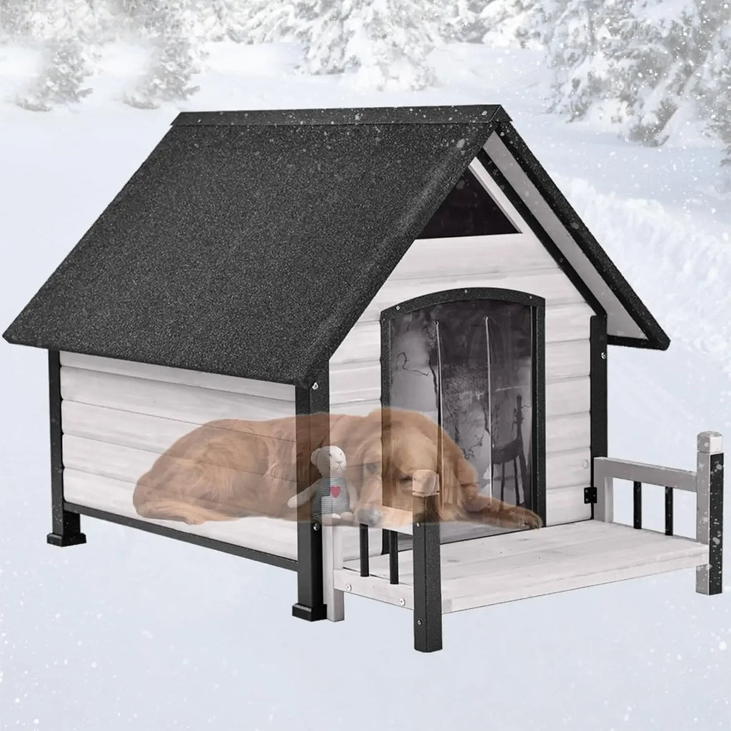 Dog House Outdoor, Insulated Kennel Outside for Large Breed, Weatherproof Shelter with Anti-Chewing Iron Frame