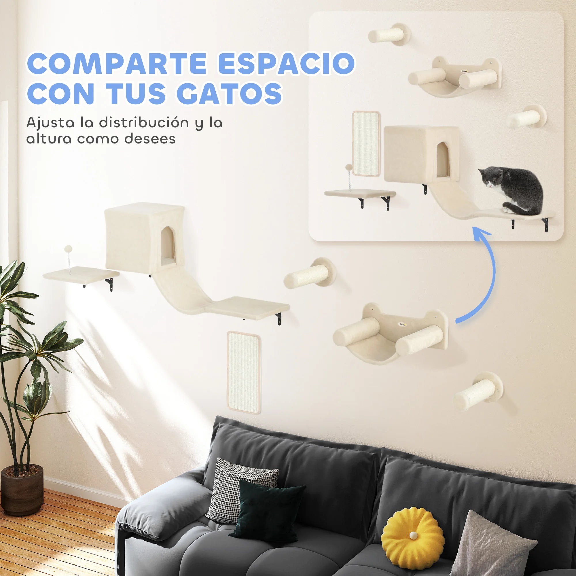 Pawhut 6-Piece Wall Cat Climbing Set with Condo Platform Hammock Ladders and Scratching Board