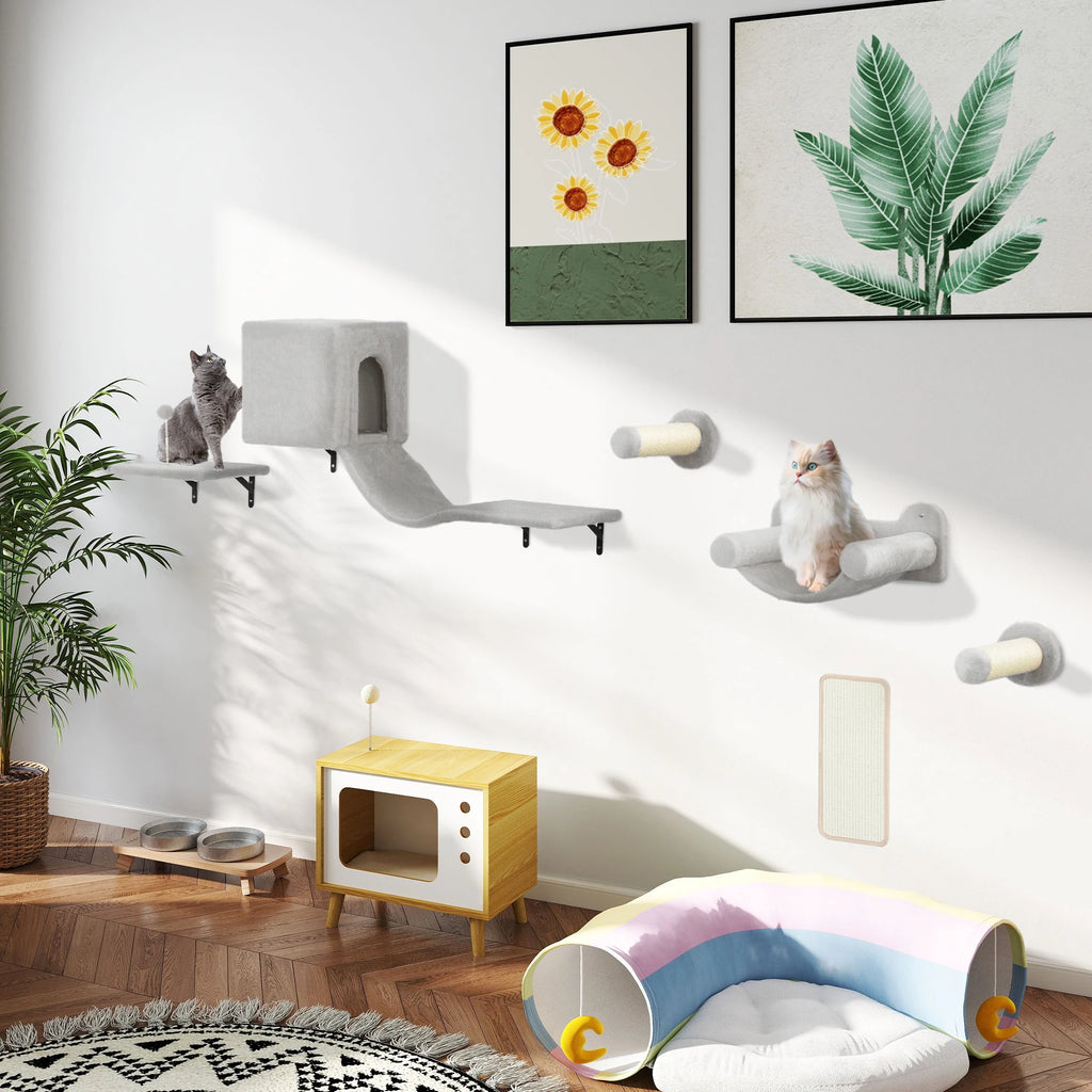 Pawhut 6-Piece Wall Cat Climbing Set with Condo Platform Hammock Ladders and Scratching Board
