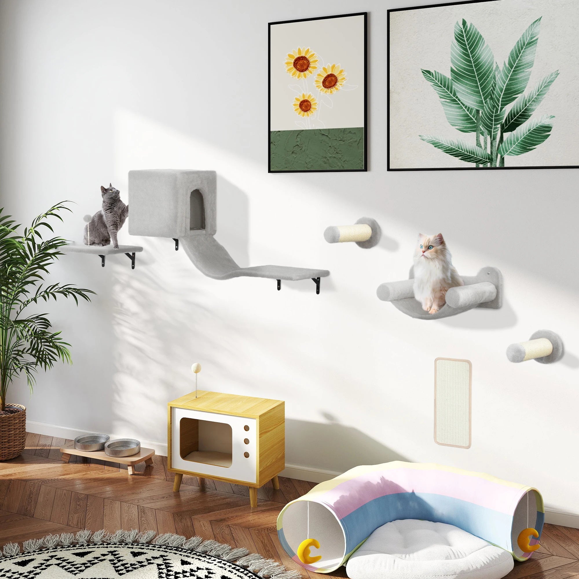 Pawhut 6-Piece Wall Cat Climbing Set with Condo Platform Hammock Ladders and Scratching Board