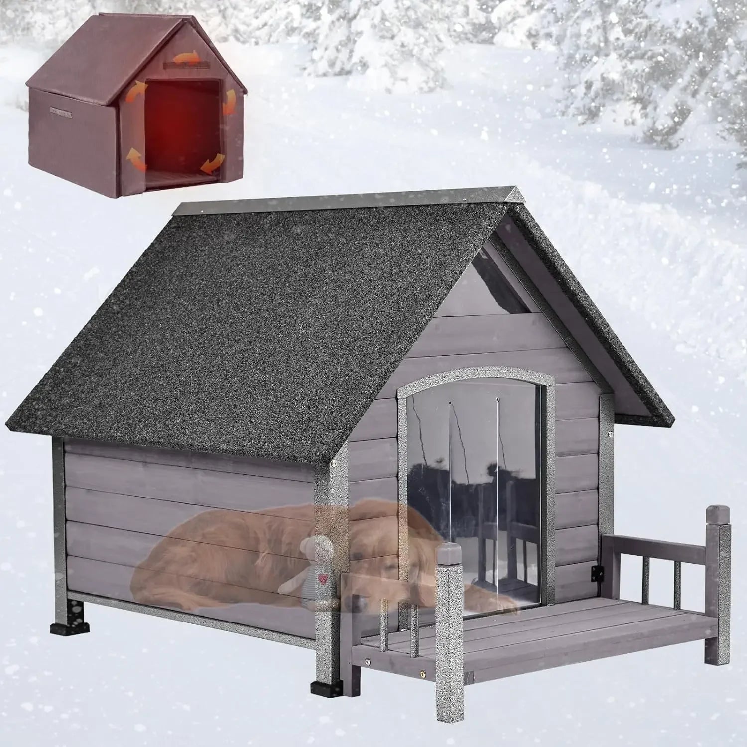Dog House Outdoor, Insulated Kennel Outside for Large Breed, Weatherproof Shelter with Anti-Chewing Iron Frame